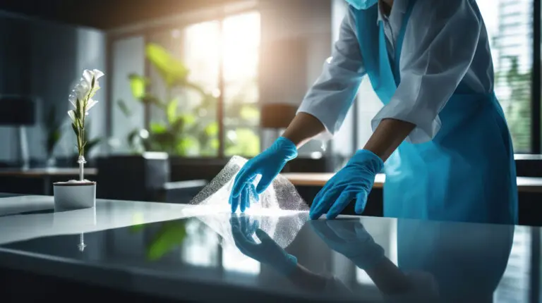 sanitization office desk by professional cleaning staff using sprays wipes